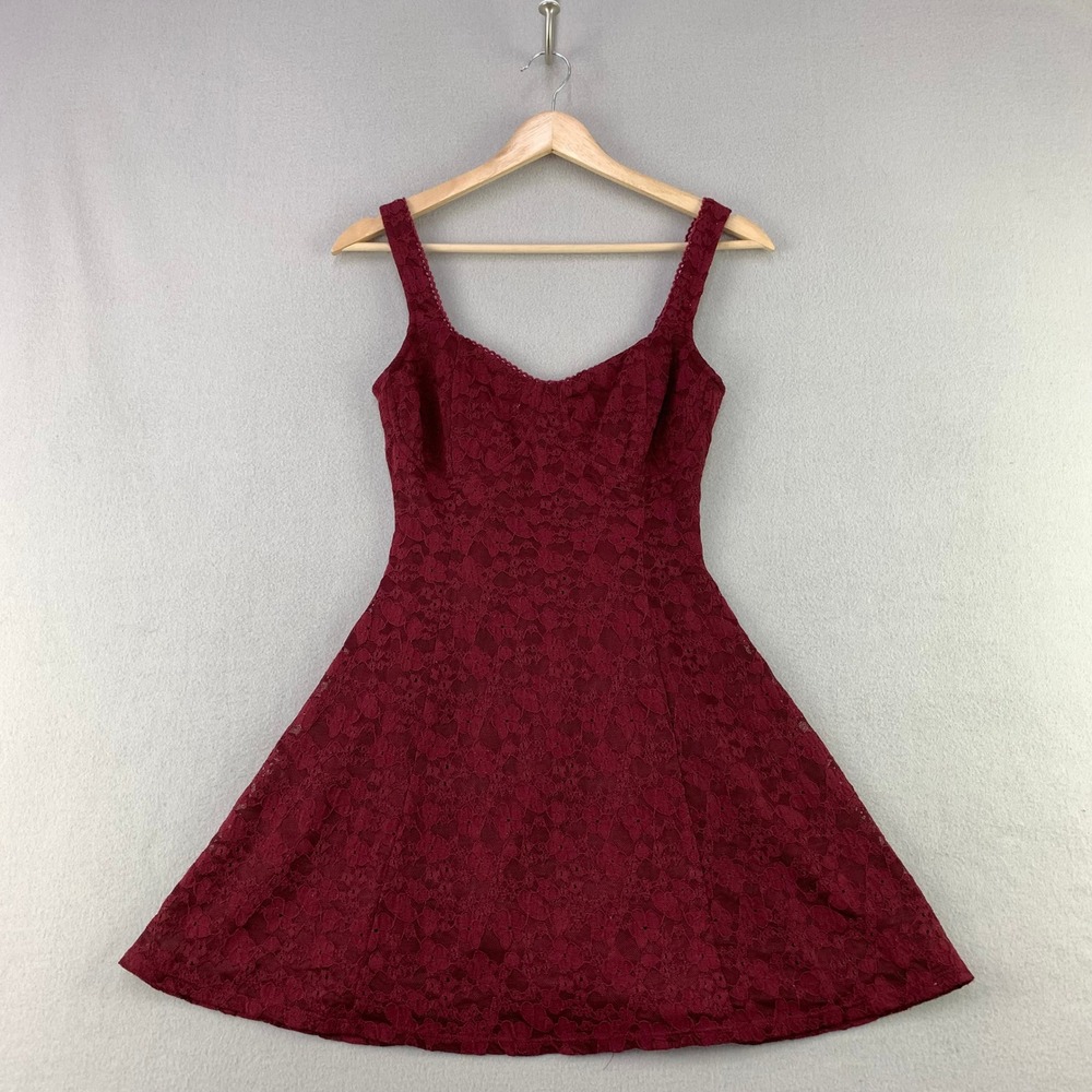 Stitch & Pine Lace Fit & Flare Dress Women XS Burgundy Y2K Floral Smocked Whimsy
